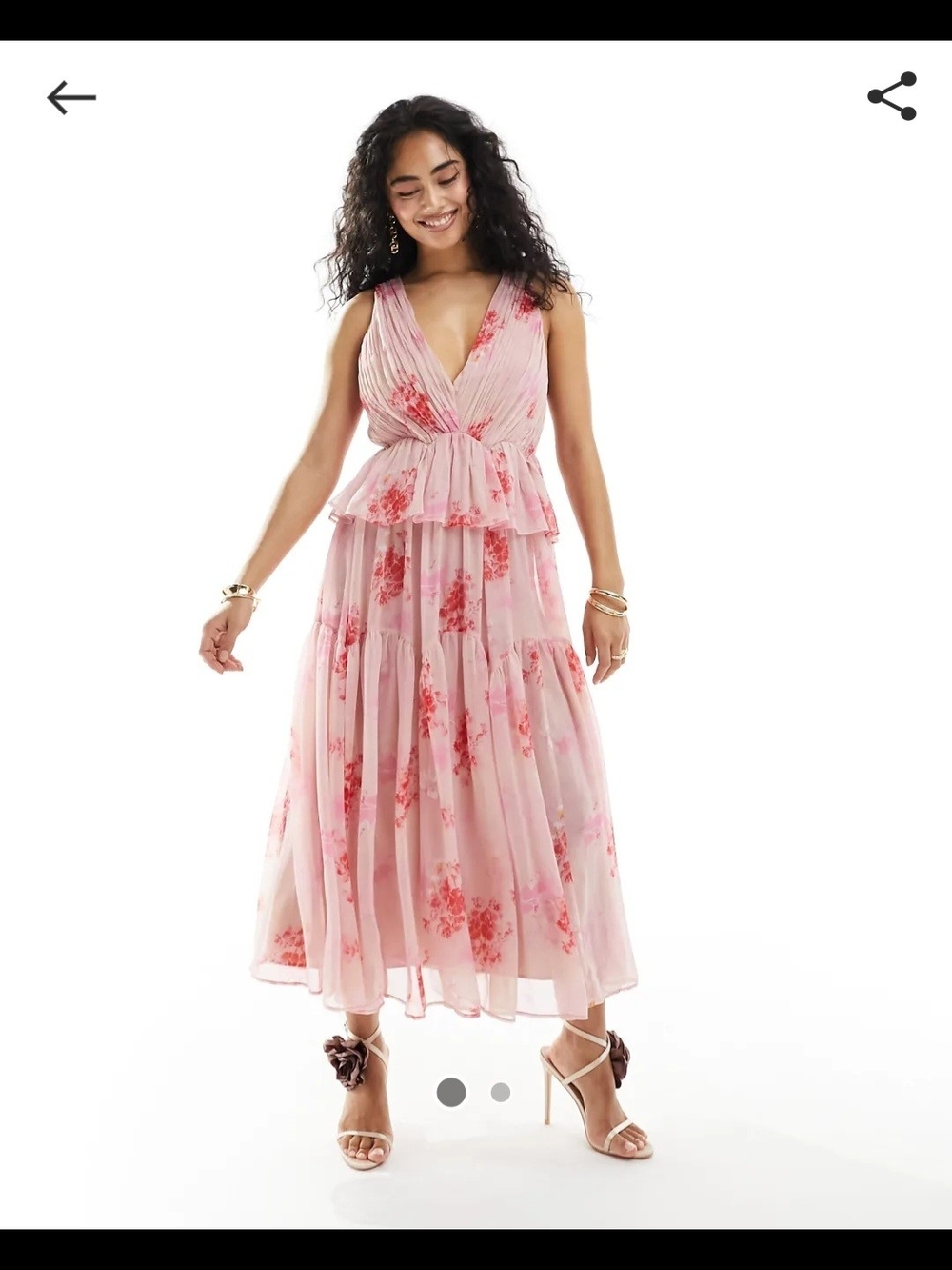 ASOS Plunge Pleated Tiered Midi Dress in Pink Floral Print